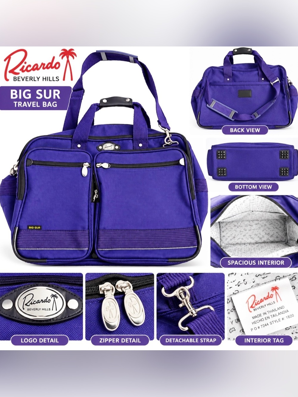 Ricardo Beverly Hills Big Sur Purple Travel Duffel Carry On Bag NWOT